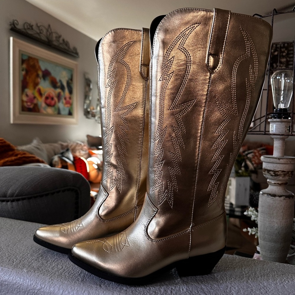 Gold Metallic Tall Cowgirl Boots, Size 6 - Picture 2 of 5